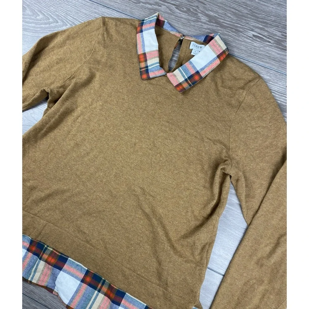 J Crew Women's Long Sleeve Plaid Accent Collar & Hem Sweater‎ Brown Size Large